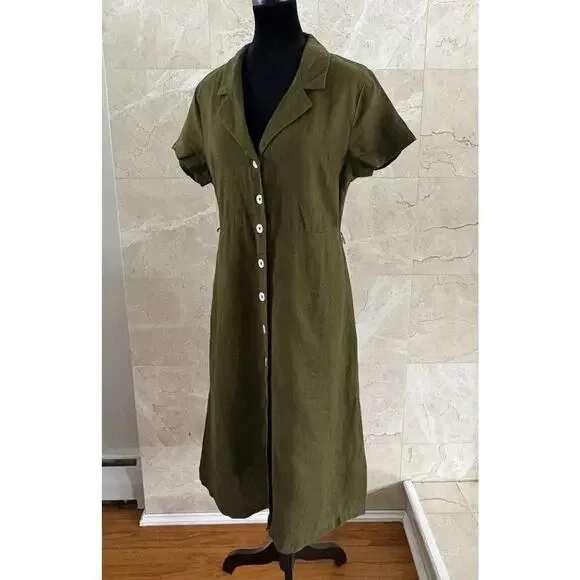 Quince European Linen Button Front Midi Dress - M Olive Green Spring Capsule - Picture 2 of 11